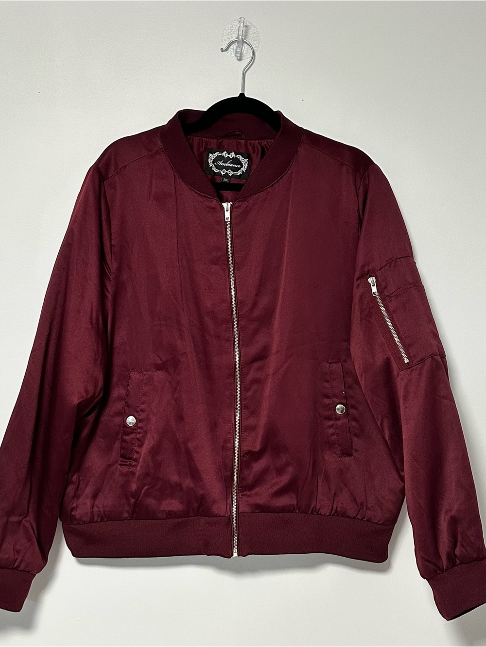 Ambiance Burgundy Satin Bomber Jacket – Women’s 2XL – Zip Front Varsity Style